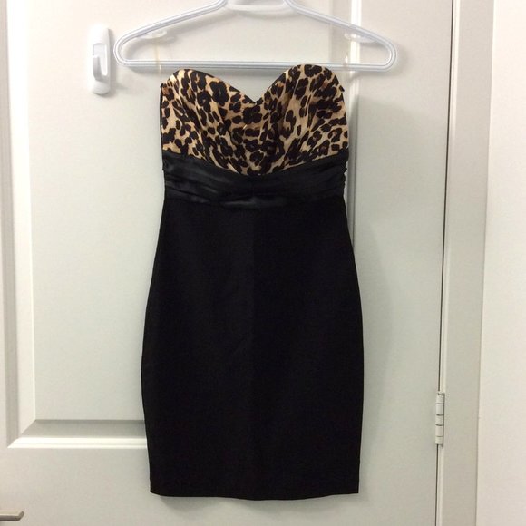 Sexy strapless fitted leopard print black mini dress - Picture 1 of 5
